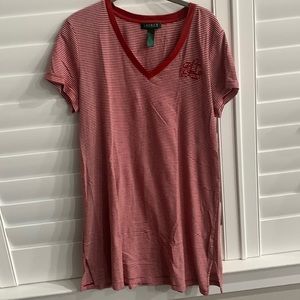 Women’s red & white stripe short sleeve knit tunic top Tee T-shirt pajama top LG